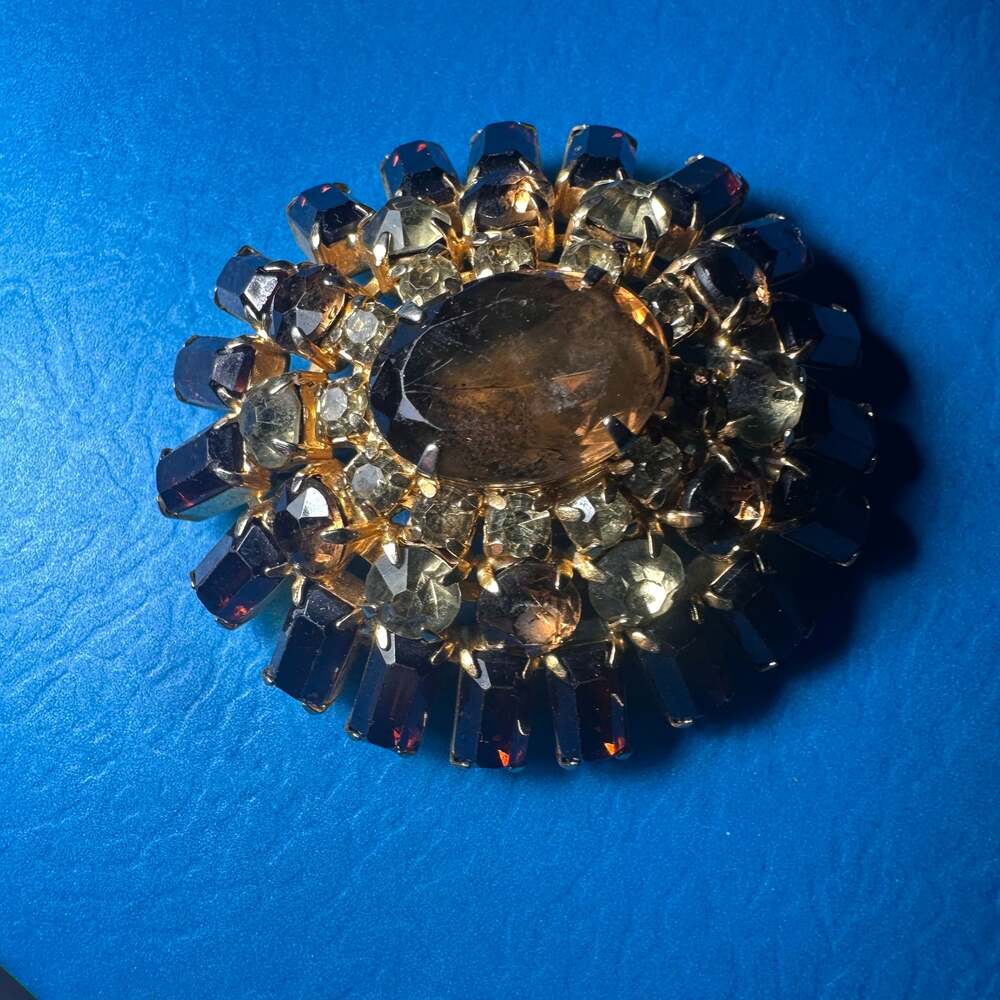 Vintage High End Amber Rhinestones Layered Domed Brooch Pin